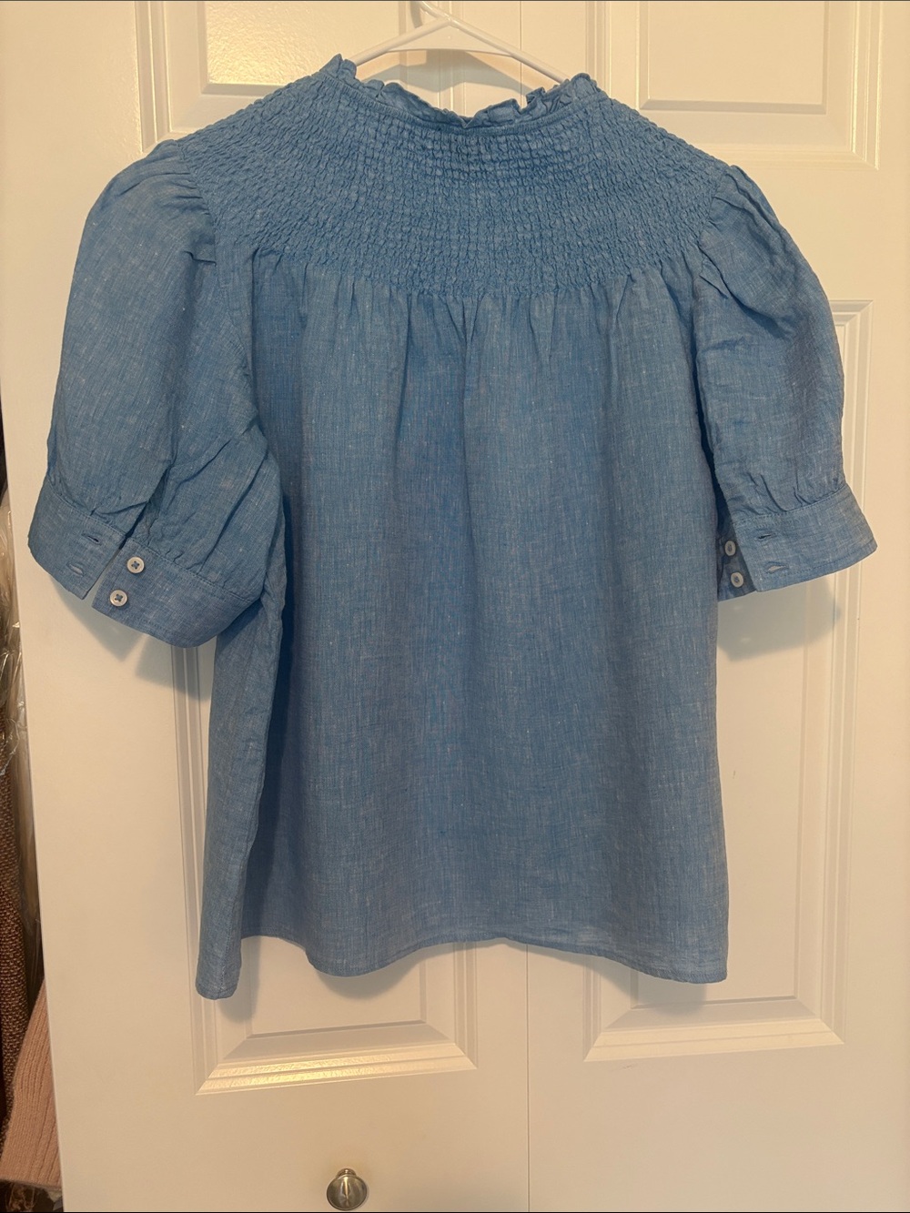 Talbots Light Blue Smocked Yoke Linen Top - Picture 4 of 9